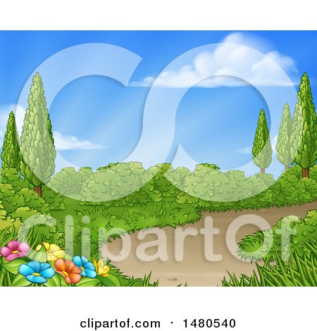 Clipart of a Country Garden with a Path on a Beautiful Spring Day - Royalty Free Vector Illustration by AtStockIllustration