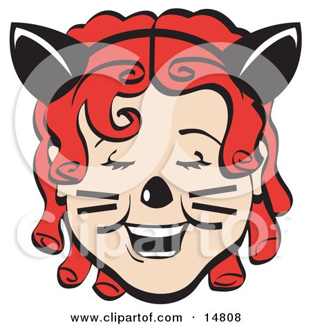 Pretty Red Curly Red Haired Girl Wearing A Headband With Cat Ears, Her Nose Painted And Cheeks With Whiskers, Laughing On Halloween Clipart Illustration by Andy Nortnik