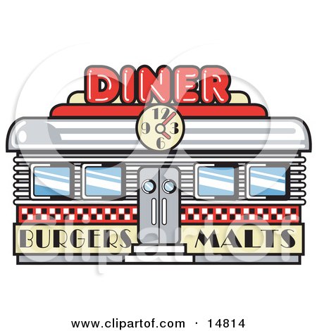 Retro Diner Building With A Clock On It And Signs Advertising Burgers