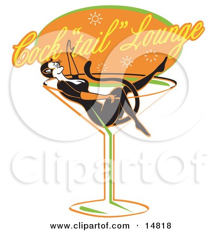 Woman In A Cat Costume Lying In A Giant Martini Glass At A Cocktail Lounge Clipart Illustration by Andy Nortnik