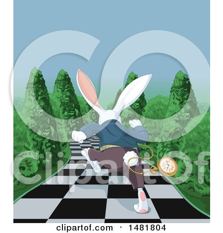 Clipart of a Rear View of a Late White Rabbit of Wonderland Running down a Checkered Garden Path - Royalty Free Vector Illustration by Pushkin