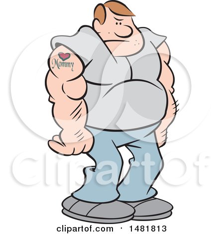 Clipart of a Cartoon Big Tough Guy with a Mommy Tattoo - Royalty Free Vector Illustration by Johnny Sajem