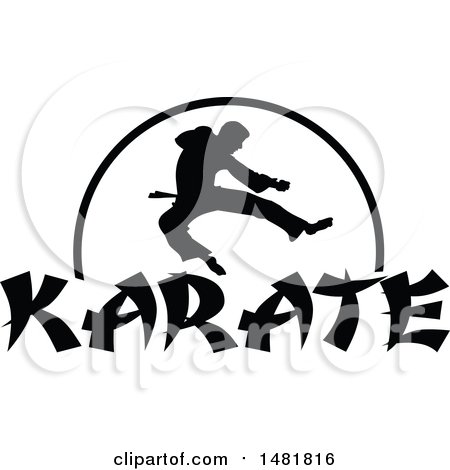 Clipart of a Black Silhouetted Man Doing a Karate Kick over a Half Circle and Text - Royalty Free Vector Illustration by Johnny Sajem