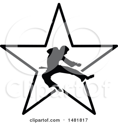 Clipart of a Black Silhouetted Man Doing a Karate Kick over a Star - Royalty Free Vector Illustration by Johnny Sajem