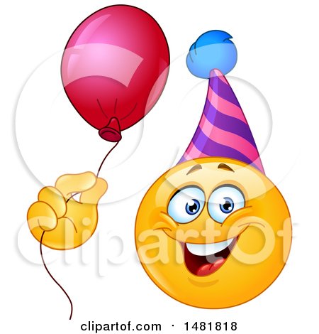 Clipart of a Yellow Emoji Smiley Face Wearing a Party Hat and Holding a Balloon - Royalty Free Vector Illustration by yayayoyo