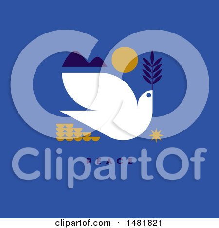Clipart of a Dove with an Olive Branch in a Sunset, over Peace Text on Blue - Royalty Free Vector Illustration by elena