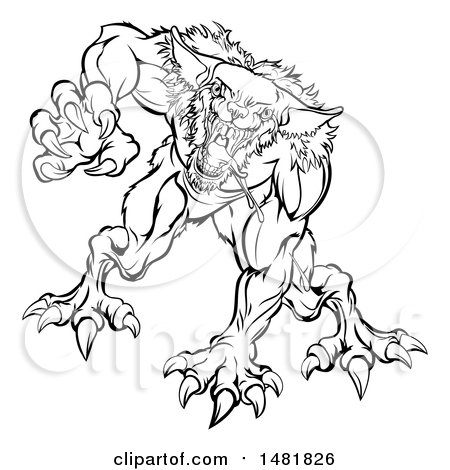 Clipart of a Black and White Attacking Werewolf Beast - Royalty Free Vector Illustration by AtStockIllustration