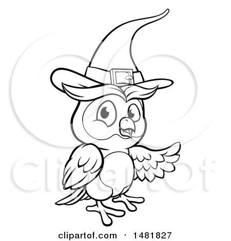 Clipart of a Black and White Witch Owl Wearing a Hat - Royalty Free Vector Illustration by AtStockIllustration