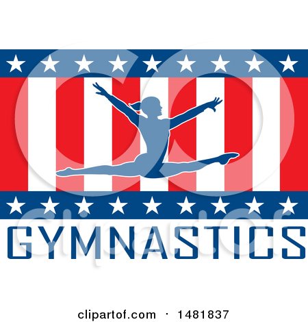 Clipart of a Silhouettd Female Gymnast Leaping over American Stars and Stripes and Text - Royalty Free Vector Illustration by Johnny Sajem
