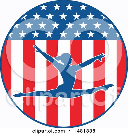 Clipart of a Silhouettd Female Gymnast Leaping in an American Themed Circle - Royalty Free Vector Illustration by Johnny Sajem