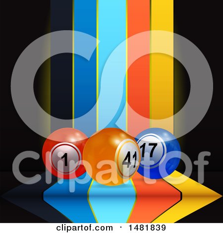 Clipart of 3d Bingo or Lottery Balls over Vertical Colorful Stripes on Black - Royalty Free Vector Illustration by elaineitalia