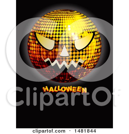 Clipart of a Jackolantern Face Disco Ball over Halloween Text on Black - Royalty Free Vector Illustration by elaineitalia