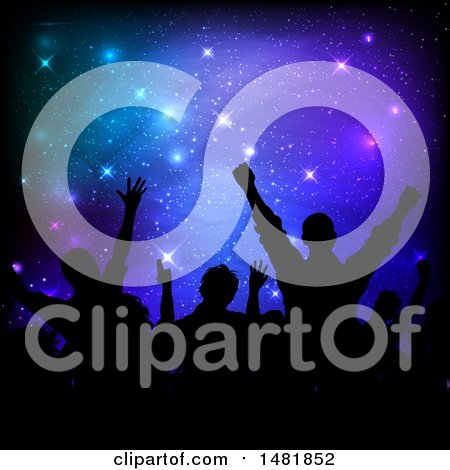 Clipart of a Silhouetted Concert Audience over Stars - Royalty Free Vector Illustration by KJ Pargeter