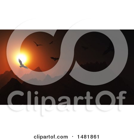 Clipart of a 3d Dark Orange Sunset with Birds Flying over Mountains - Royalty Free Illustration by KJ Pargeter