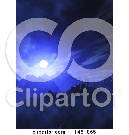 Clipart of a 3d Moon over a Mountain Landscape - Royalty Free Illustration by KJ Pargeter