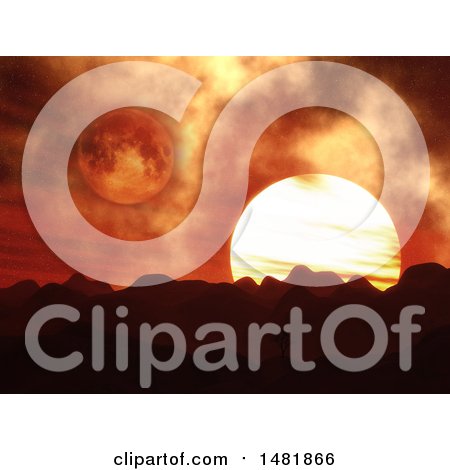 Clipart of a 3d Fictional Landscape with Mountains, Sun and Moon - Royalty Free Illustration by KJ Pargeter