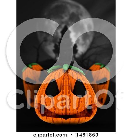 Clipart of 3d Halloween Jackolantern Pumpkins and a Castle Against a Full Moon - Royalty Free Illustration by KJ Pargeter