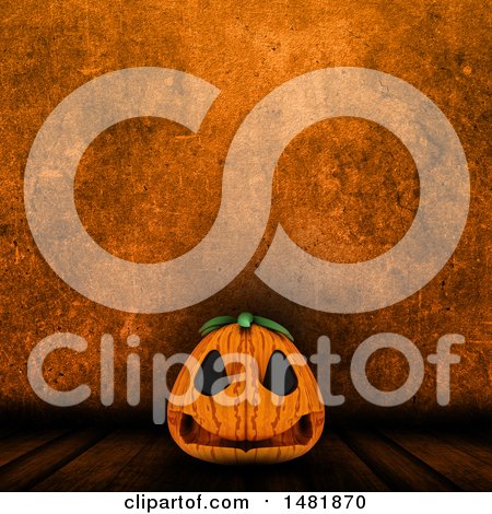 Clipart of a 3d Halloween Jackolantern Pumpkin over a Grungy Orange Wall - Royalty Free Illustration by KJ Pargeter