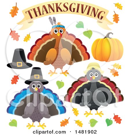 Clipart of a Group of Thanksgiving Native and Pilgrim Turkey Birds - Royalty Free Vector Illustration by visekart