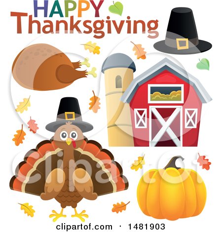 Clipart of a Happy Thanksgiving Greeting with a Pilgrim Hat, Roasted Turkey, Bird, Barn and Pumpkin - Royalty Free Vector Illustration by visekart