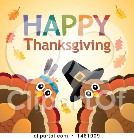 Clipart of a Happy Thanksgiving Greeting with a Native American and Pilgrim Turkey - Royalty Free Vector Illustration by visekart