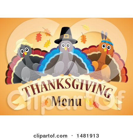 Clipart of Pilgrim Turkeys with Thanksgiving Menu Text - Royalty Free Vector Illustration by visekart