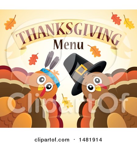 Clipart of Pilgrim and Native American Turkeys with Thanksgiving Menu Text - Royalty Free Vector Illustration by visekart