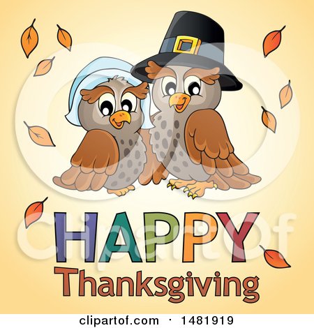 Clipart of a Pilgrim Owl Couple over Happy Thanksgiving Text - Royalty Free Vector Illustration by visekart