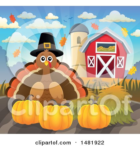 Clipart of a Thanksgiving Pilgrim Turkey Bird with Pumpkins on a Farm - Royalty Free Vector Illustration by visekart