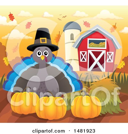 Clipart of a Thanksgiving Pilgrim Turkey Bird with Pumpkins on a Farm - Royalty Free Vector Illustration by visekart