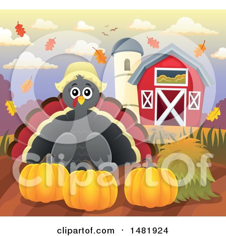 Clipart of a Female Thanksgiving Pilgrim Turkey Bird with Pumpkins near a Barn - Royalty Free Vector Illustration by visekart