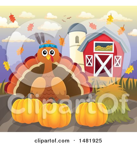 Clipart of a Thanksgiving Native Turkey Bird with Pumpkins on a Farm - Royalty Free Vector Illustration by visekart