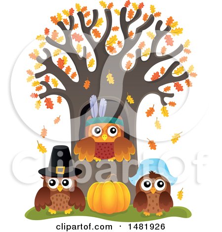 Clipart of a Group of Thanksgiving Owls at a Tree - Royalty Free Vector Illustration by visekart