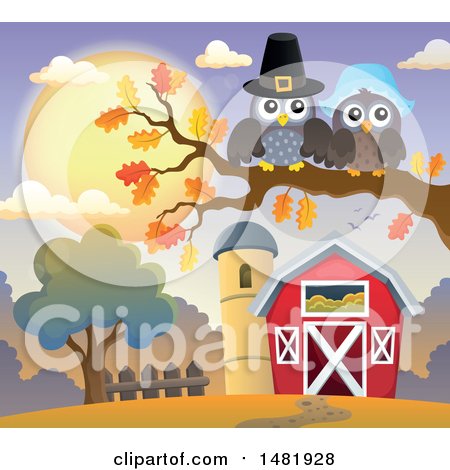Clipart of a Thanksgiving Pilgrim Owl Couple on a Fall Tree Branch near a Barn - Royalty Free Vector Illustration by visekart