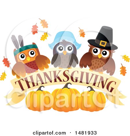 Clipart of a Group of Thanksgiving Owls with a Banner and Pumpkins - Royalty Free Vector Illustration by visekart
