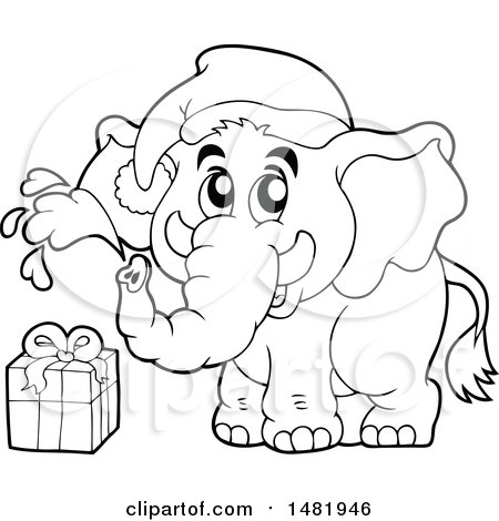 Clipart of a Cute Christmas Elephant and Gift, Black and White - Royalty Free Vector Illustration by visekart