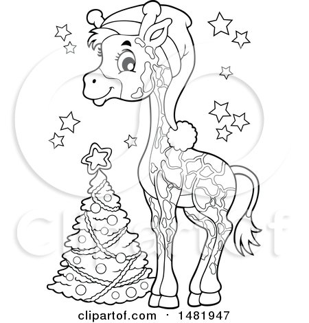 Clipart of a Cute Christmas Giraffe and Tree, Black and White - Royalty Free Vector Illustration by visekart
