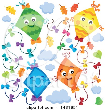 Clipart of a Group of Colorful Kites and Clouds with Autumn Leaves - Royalty Free Vector Illustration by visekart
