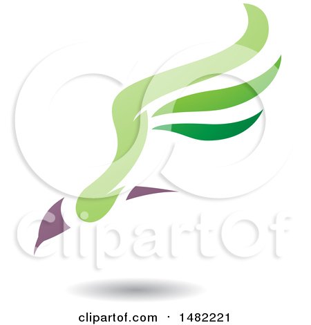 Clipart of a Green Flying Bird with Long Wings and a Shadow - Royalty Free Vector Illustration by cidepix