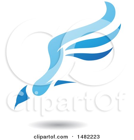 Clipart of a Blue Flying Bird with Long Wings and a Shadow - Royalty Free Vector Illustration by cidepix