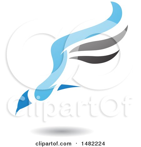 Clipart of a Blue Flying Bird with Long Wings and a Shadow - Royalty Free Vector Illustration by cidepix