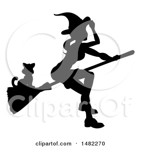 Clipart of a Silhouetted Witch Tipping Her Hat and Flying on a Broomstick with a Cat - Royalty Free Vector Illustration by AtStockIllustration