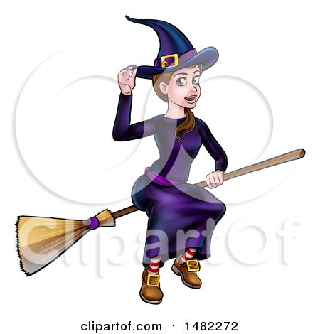 Clipart of a Witch Tipping Her Hat and Flying on a Broomstick - Royalty Free Vector Illustration by AtStockIllustration