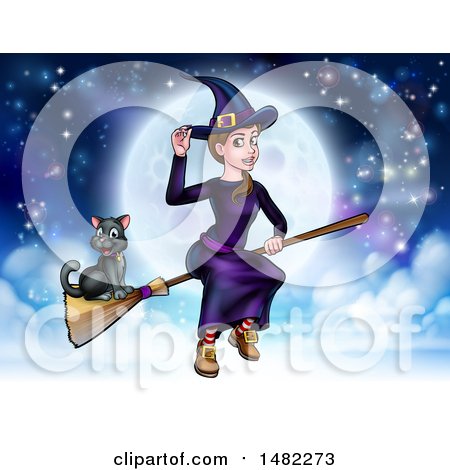 Clipart of a Witch Tipping Her Hat and Flying on a Broomstick over a Full Moon with Her Cat - Royalty Free Vector Illustration by AtStockIllustration