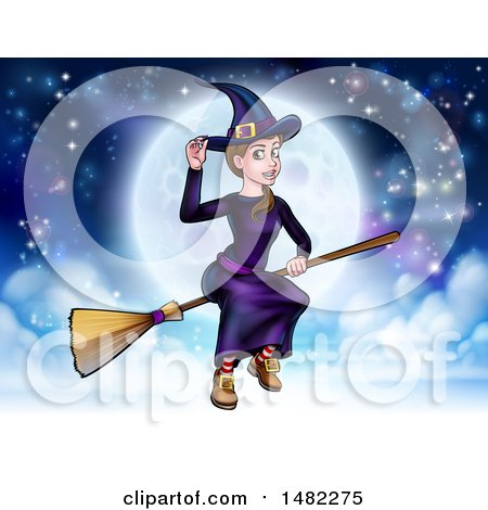 Clipart of a Witch Tipping Her Hat and Flying on a Broomstick over a Full Moon - Royalty Free Vector Illustration by AtStockIllustration