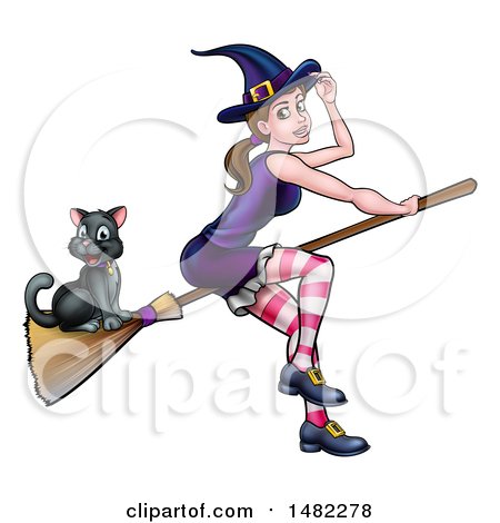 Clipart of a Witch Tipping Her Hat and Flying on a Broomstick with Her Cat - Royalty Free Vector Illustration by AtStockIllustration