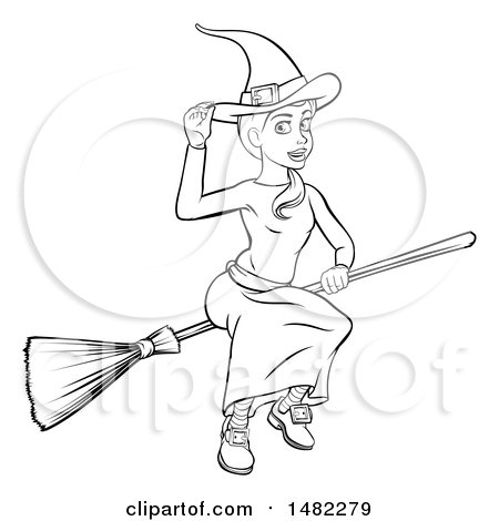 Clipart of a Black and White Witch Tipping Her Hat and Flying on a Broomstick - Royalty Free Vector Illustration by AtStockIllustration