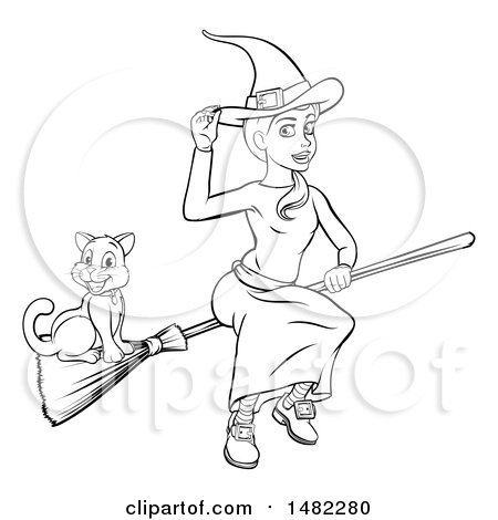 Clipart of a Black and White Witch Tipping Her Hat and Flying on a Broomstick with Her Cat - Royalty Free Vector Illustration by AtStockIllustration