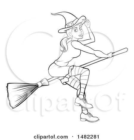 Clipart of a Black and White Witch Tipping Her Hat and Flying on a Broomstick - Royalty Free Vector Illustration by AtStockIllustration