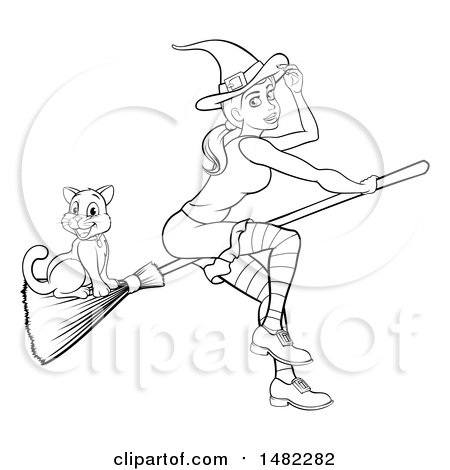 Clipart of a Black and White Witch Tipping Her Hat and Flying on a Broomstick with Her Cat - Royalty Free Vector Illustration by AtStockIllustration